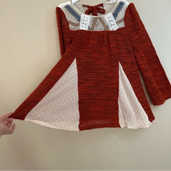 Ryu M/L Boho Sweater Bell Sleeve Cottagecore Hippie Mixed Media Artsy Rust Orang - Picture 10 of 15